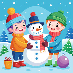 Kids having fun building a snowman with a Christmas tree in a winter holiday scene
