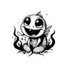 Delightful whimsical sea creature illustration featuring a smiling cartoon monster with big eyes and tentacles