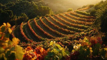 Serene Vineyard Landscape at Sunset with Rows of Vines