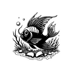 Detailed black and white illustration of a freshwater angelfish swimming in an aquatic environment with algae and bubbles