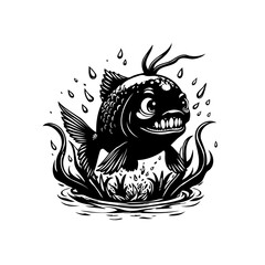 A whimsical black and white illustration of a smiling piranha in the water with weeds around it