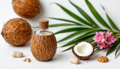 a high resolution, ultra sharp isolated massage oil bottle made from coconut shell, placed on a pure white background with no shadow or minimal soft shadows only