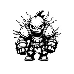 A formidable stylized monster warrior illustration, showcasing intricate line work, creating an imposing fantasy creature character with detailed armor