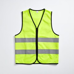 High-visibility yellow safety vest with reflective strips photographed front view on white background