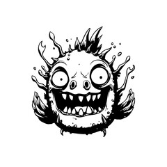 Cartoonish funny virus illustration design with black and white ink drawings that looks fun