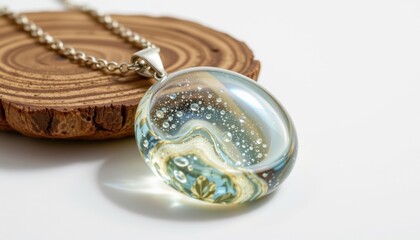 a high resolution, ultra sharp isolated breath focus pendant made from recycled glass, placed on a pure white background with no shadow or minimal soft shadows only