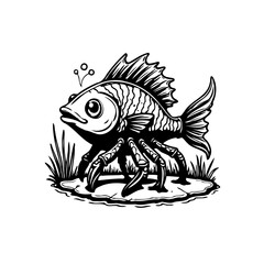 Whimsical fish spider hybrid design illustration in black and white evoking fantasy creatures and surreal artistic expression