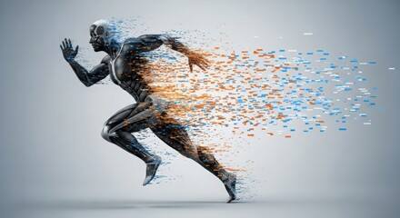 A digital representation of a man running forward depicting speed and motion with pixel dispersion effect