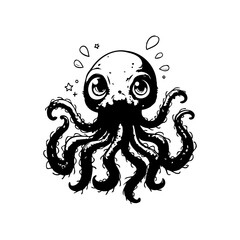 Charming cartoon octopus illustration with big eyes adorable sea creature black and white simplicity cute design