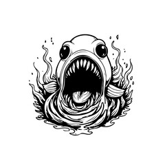 Monochrome illustration of a scary fish with big eyes surrounded by flames a captivating drawing