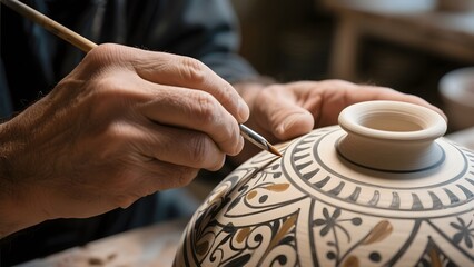 Artisan meticulously painting intricate designs on a ceramic pot with a fine brush
