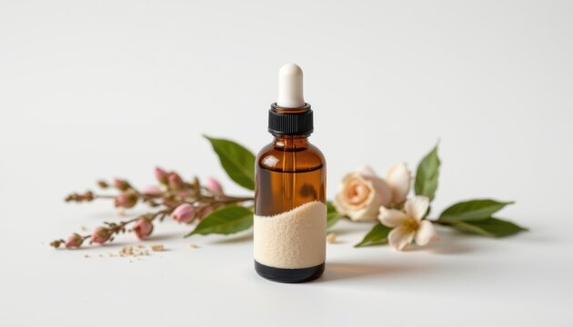 a high resolution, ultra sharp isolated essential oil bottle made from natural sponge, placed on a pure white background with no shadow or minimal soft shadows only