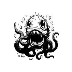 Illustrated monochrome monster with tentacles menacing expression floating amidst debris creating a scary vibe for halloween