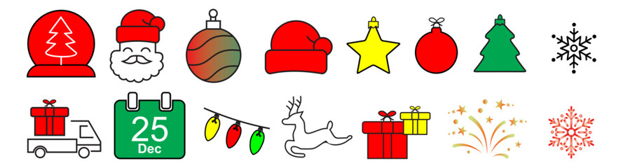 Christmas. Holidays events. Contains such icons as Santa, snowman, Christmas tree, wish list, decoration, and gifts. vector