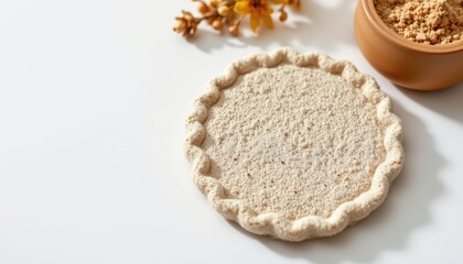 a high resolution, ultra sharp isolated natural face scrub pad made from linen fabric, placed on a pure white background with no shadow or minimal soft shadows only
