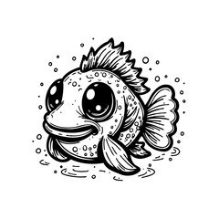 A delightful cartoon fish illustration with big eyes swimming in water in black and white colors scheme