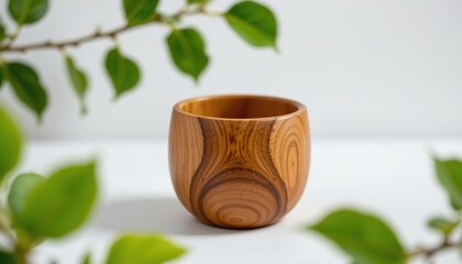 a high resolution, ultra sharp isolated mindful drinking cup made from hand carved wood, placed on a pure white background with no shadow or minimal soft shadows only