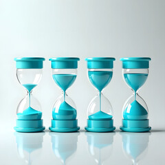 Four Purple Hourglasses with Orange Sand Time Management Concept, 3D Render