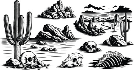 A black and white illustration of a desert landscape with cacti and skulls in the foreground © MR BAT