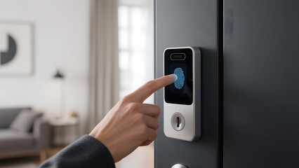 Person using a fingerprint scanner on a smart door lock