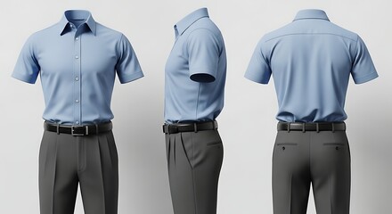 Men's business casual outfit with a blue short-sleeve shirt and grey trousers. A professional office wear concept shown from front, side, and back views on a light background.