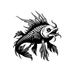 Intricate black and white illustration of a fantastical fish creature with ornate details and sharp fins
