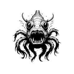 Intriguing monochrome depiction of a monstrous fish creature with striking features, a captivating vector illustration, artwork