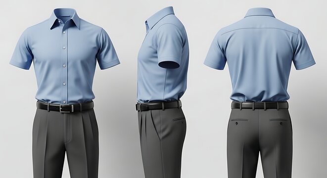 Men's business casual outfit with a blue short-sleeve shirt and grey trousers. A professional office wear concept shown from front, side, and back views on a light background.