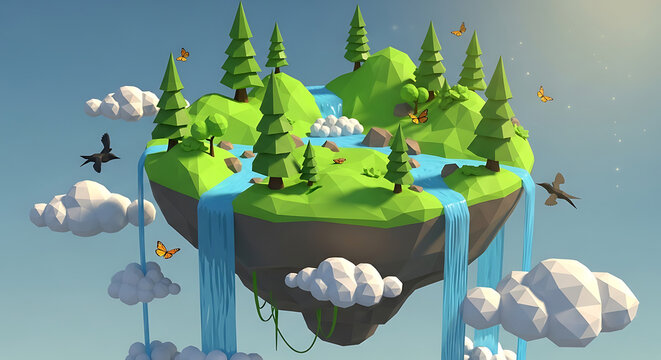 A low-poly rendering of a lush green floating island with trees, a river, and waterfalls.