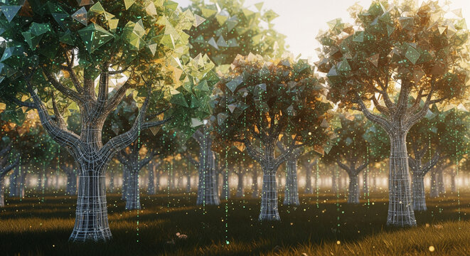 Futuristic forest with glowing wireframe trees and polygon leaves