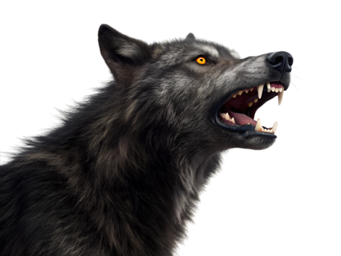 A fierce dark wolf snarls, showing sharp fangs and glowing eyes, an isolated transparent PNG for Halloween and monster fantasy concepts.