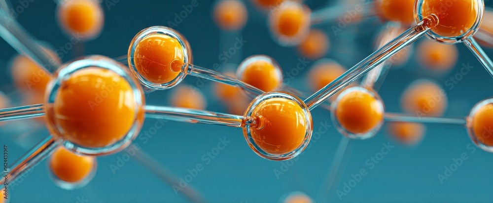 Poster a close up of a bunch of orange spheres. the spheres are connected by a string. concept of unity and