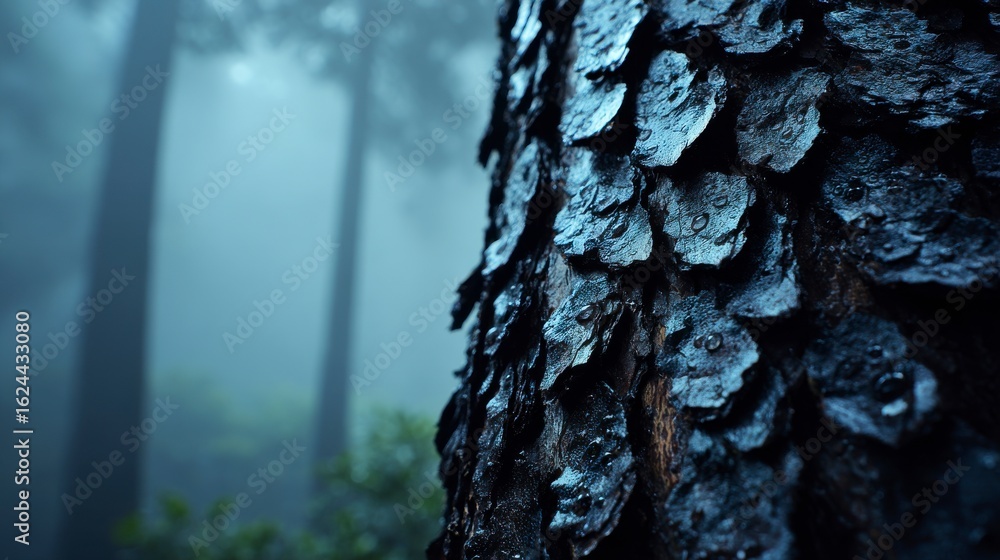 Poster a tree trunk with a blue, wet, and fuzzy appearance. the image has a moody and mysterious feel to it