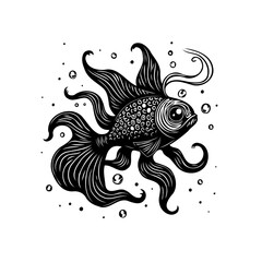 Elegant and whimsical vector illustration of a fantail goldfish swimming gracefully among air bubbles design