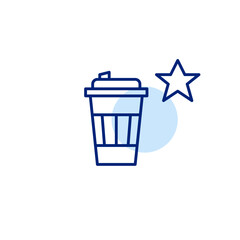Takeaway recycling coffee mug and star. Share and enjoy. Top rated drinks. Pixel perfect, editable stroke vector icon