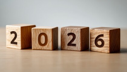 A wooden block with the numbers 20 and 26 is placed on a wooden table. The blocks are stacked on top of each other, creating a pattern that resembles a calendar. Concept of organization and structure