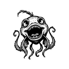 Cartoon monster character design with spooky expression black and white drawing illustration artwork