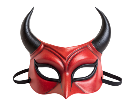 A vibrant red devil mask with bold black horns is isolated on a transparent background, perfect for Halloween festivities.