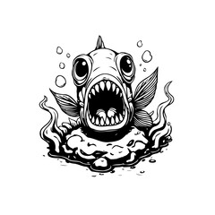 A whimsical illustration of a surprised cartoon fish with an open mouth surrounded by bubbles and aquatic plants
