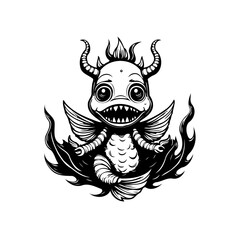 Whimsical aquatic monster illustration featuring a cute creature with horns and fins on white backdrop