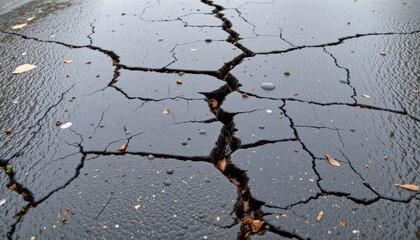 Obraz premium cracked blacktop pavement filled with rainwater making standing water zones due to poor surface integrity and drainage failure no punctuation marks or strange characters used