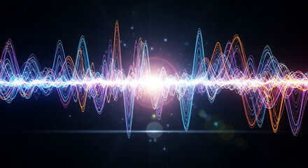 A vibrant, glowing digital waveform representing an audio signal or energy pulse with a bright central light burst on a dark background.