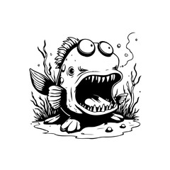 Black and white cartoon illustration featuring a comical fish with exaggerated features, suitable for kids