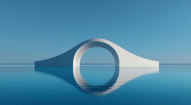 A white bridge is reflected in the water. The bridge is curved and the water is calm. The scene is serene and peaceful