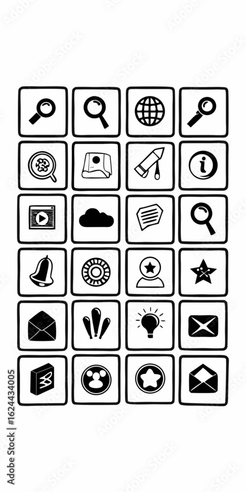 Aufkleber minimilist collection of twenty five black and white icons arranged in a five by five grid on a whit
