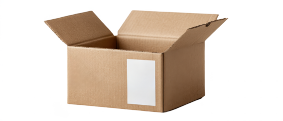 A plain, open cardboard box with a blank label on one side, commonly used for packaging and storage.