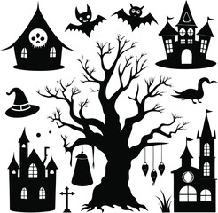 Spooky haunted house on a hill with bats, a black cat, and a full moon on a dark autumn night