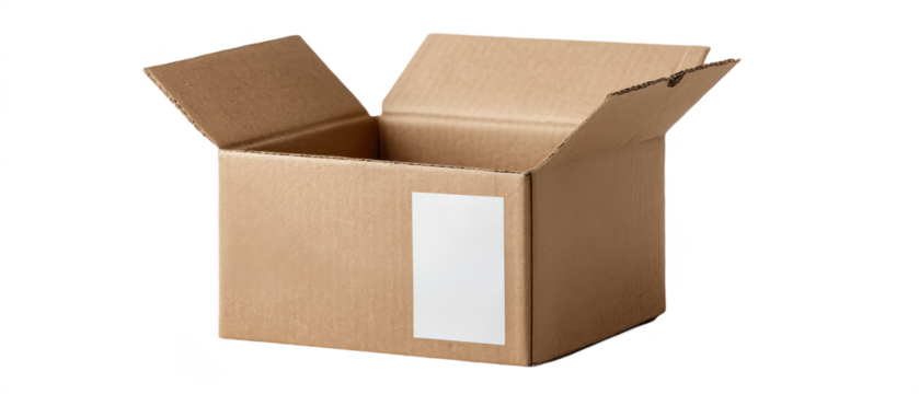 A plain, open cardboard box with a blank label on one side, commonly used for packaging and storage.