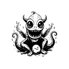 A whimsical black and white cartoon monster illustration showcasing a unique character design and imaginative artistry with spooky details