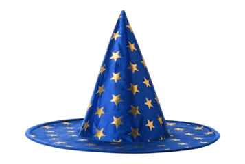 This vibrant blue wizard hat featuring golden stars is a perfect Halloween accessory, isolated as a transparent PNG for magical designs.